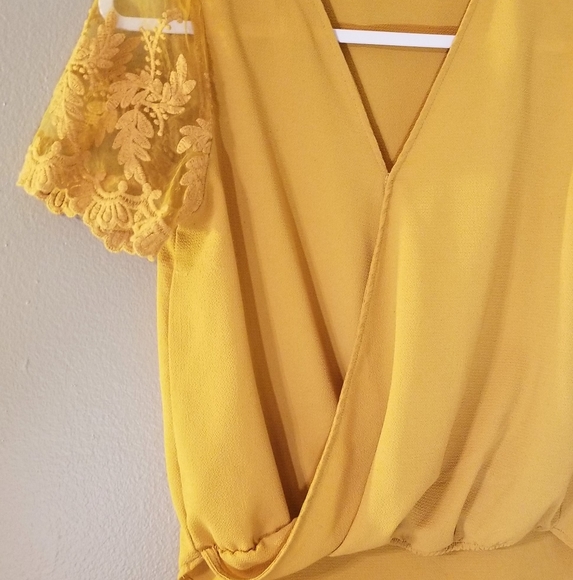 Boutique Mustard Lace Sleeve Crossover Blouse - Picture 2 of 4